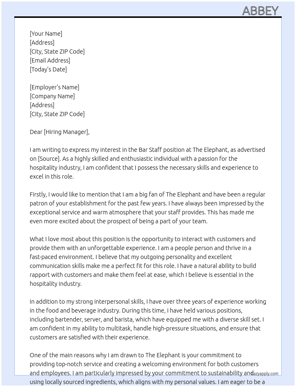 bar staff At the Elephant  Cover Letter