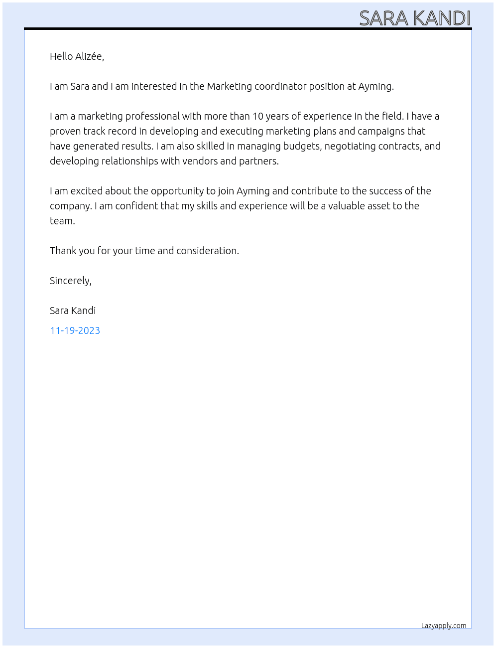 Marketing coordinator At Ayming Cover Letter