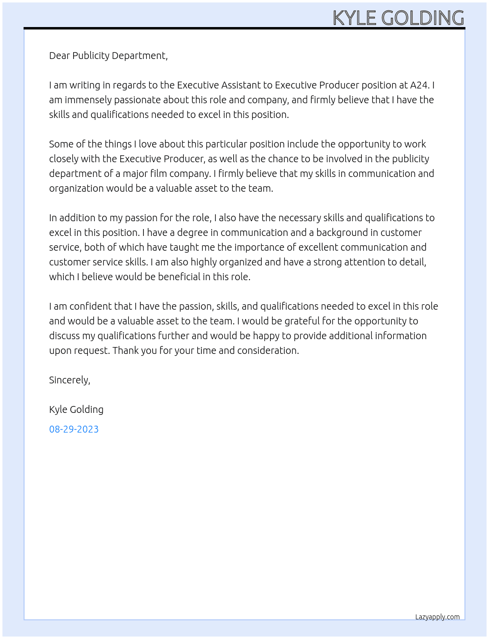 Executive assistant to Executive Producer At A24 Cover Letter