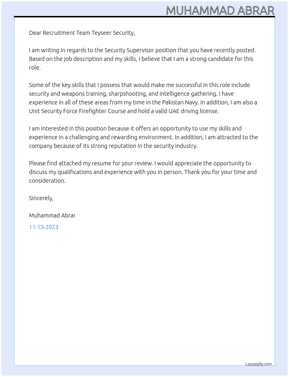 Security Supervisor  At Teyseer Security Services Cover Letter
