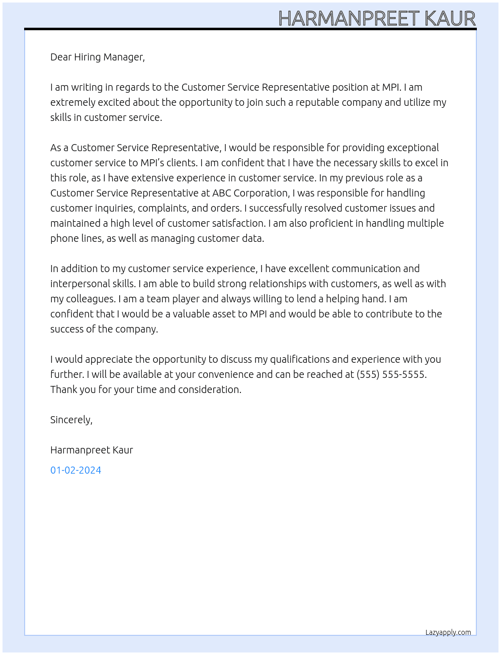 Customer service representative  At MPI Cover Letter