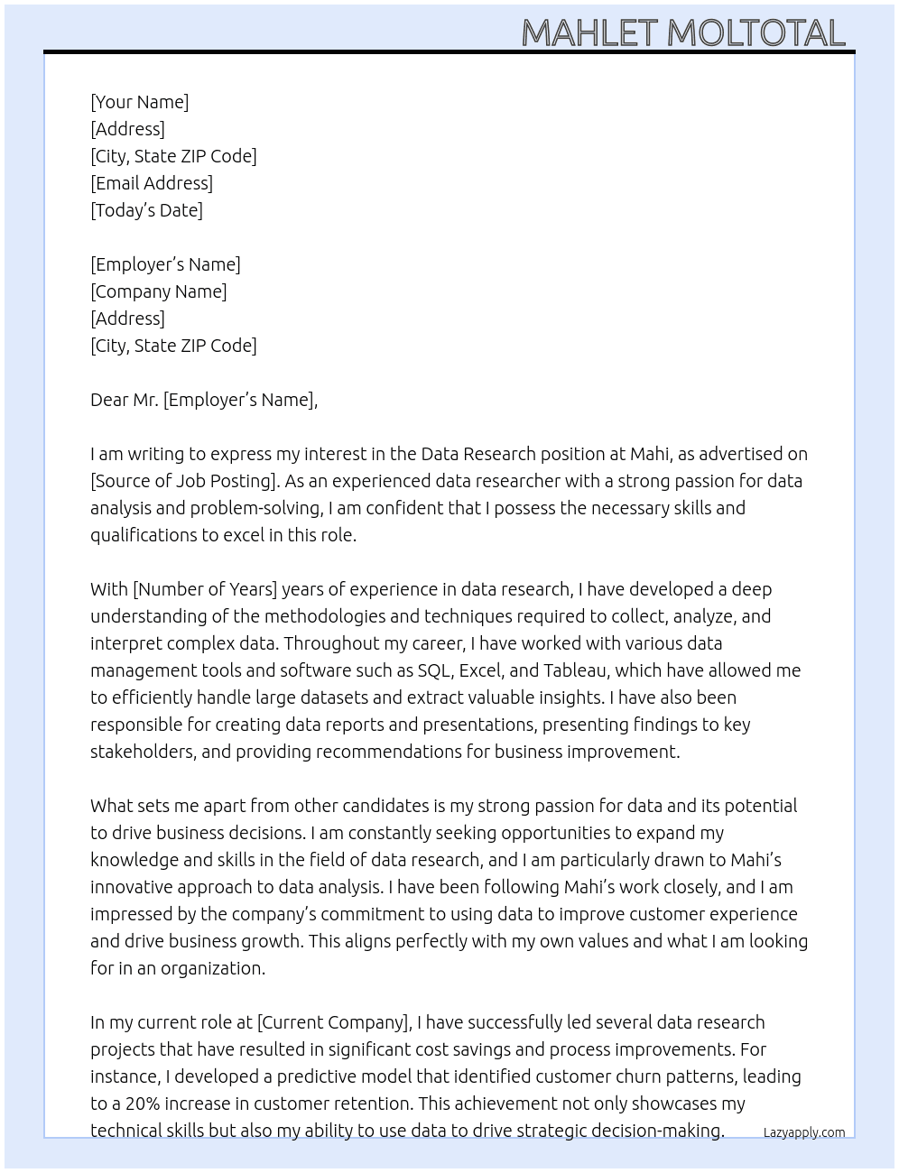 Data research At Mahi Cover Letter