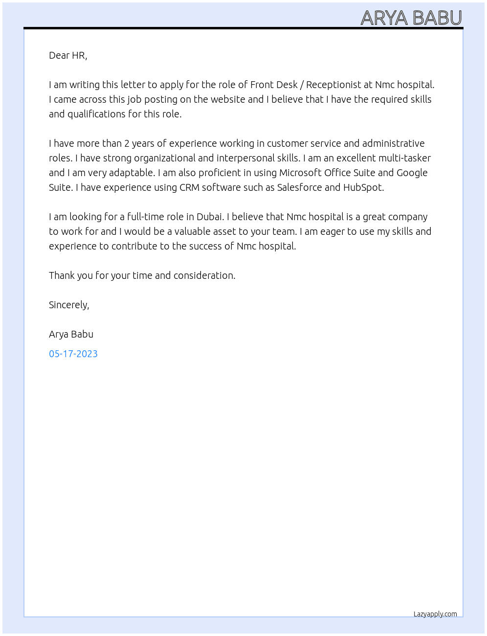 Front Desk / Receptionist At Nmc hospital  Cover Letter