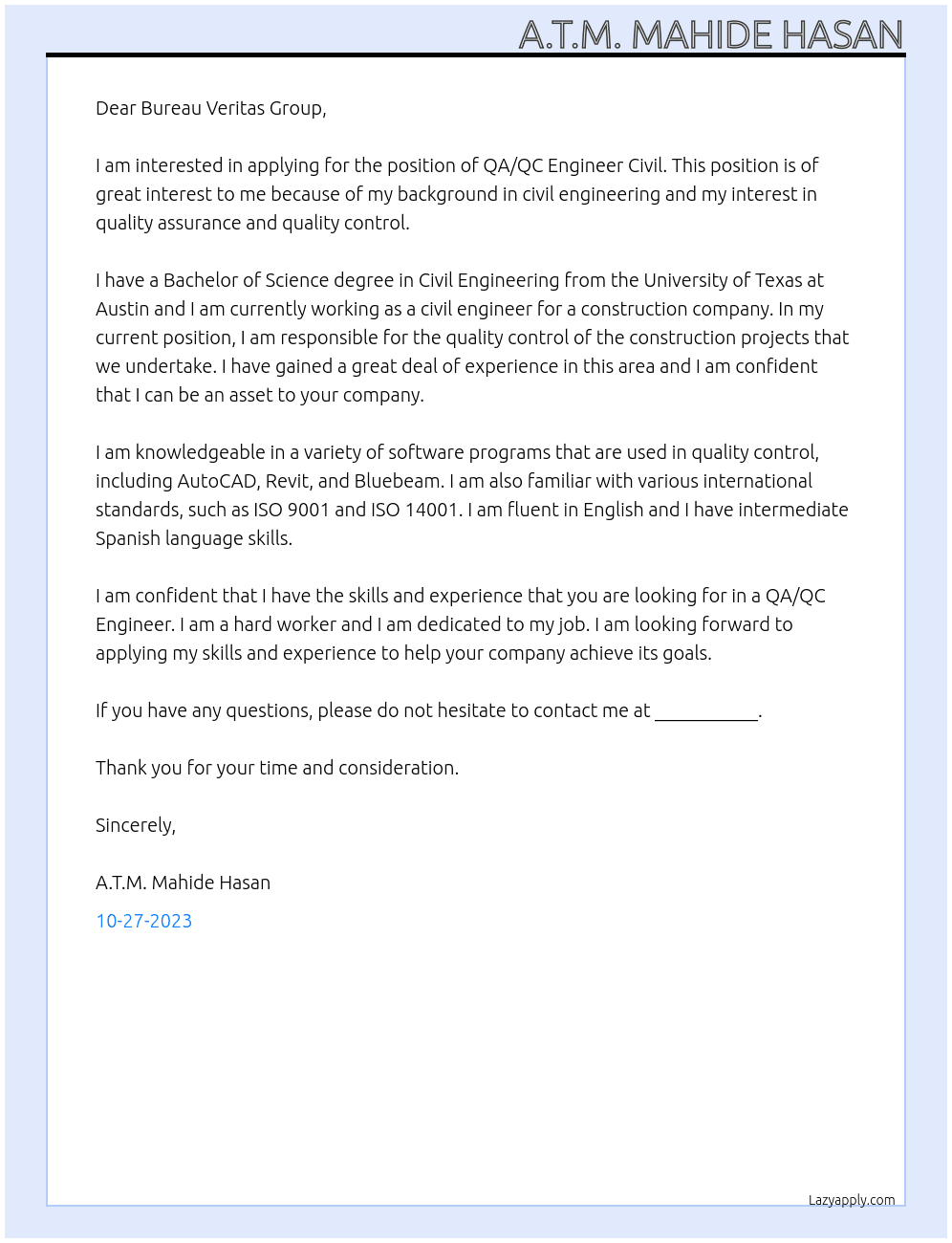QA/QC Engineer Civil At Bureau veritas Group Cover Letter