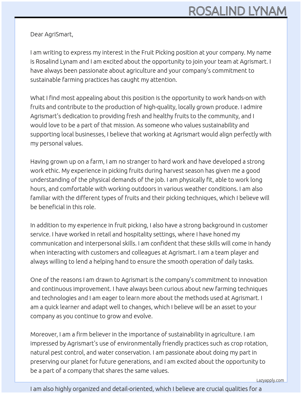 Fruit picking At Agrismart Cover Letter