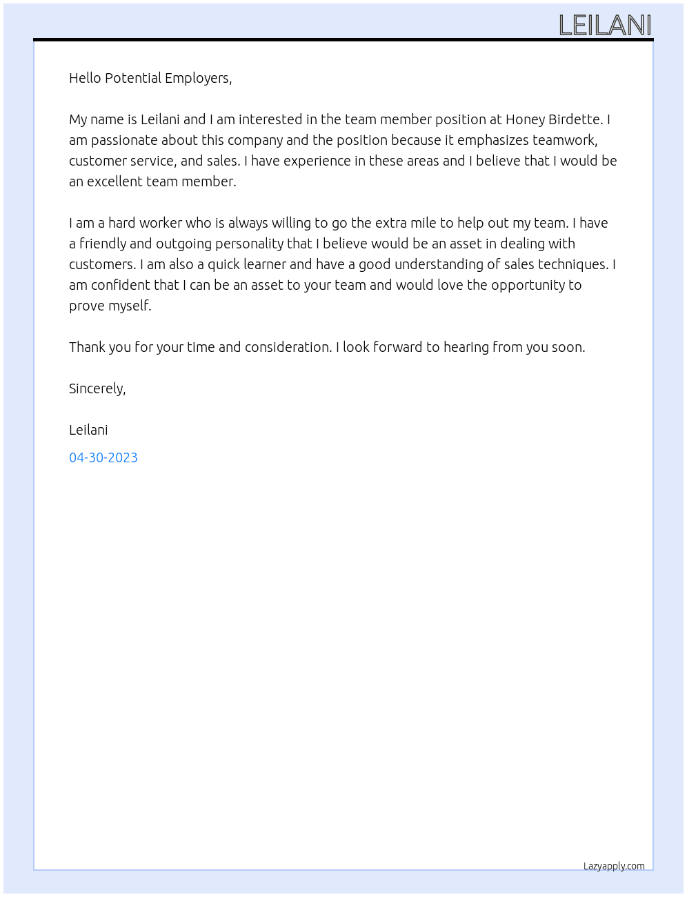 Team Member At Honey Birdette  Cover Letter
