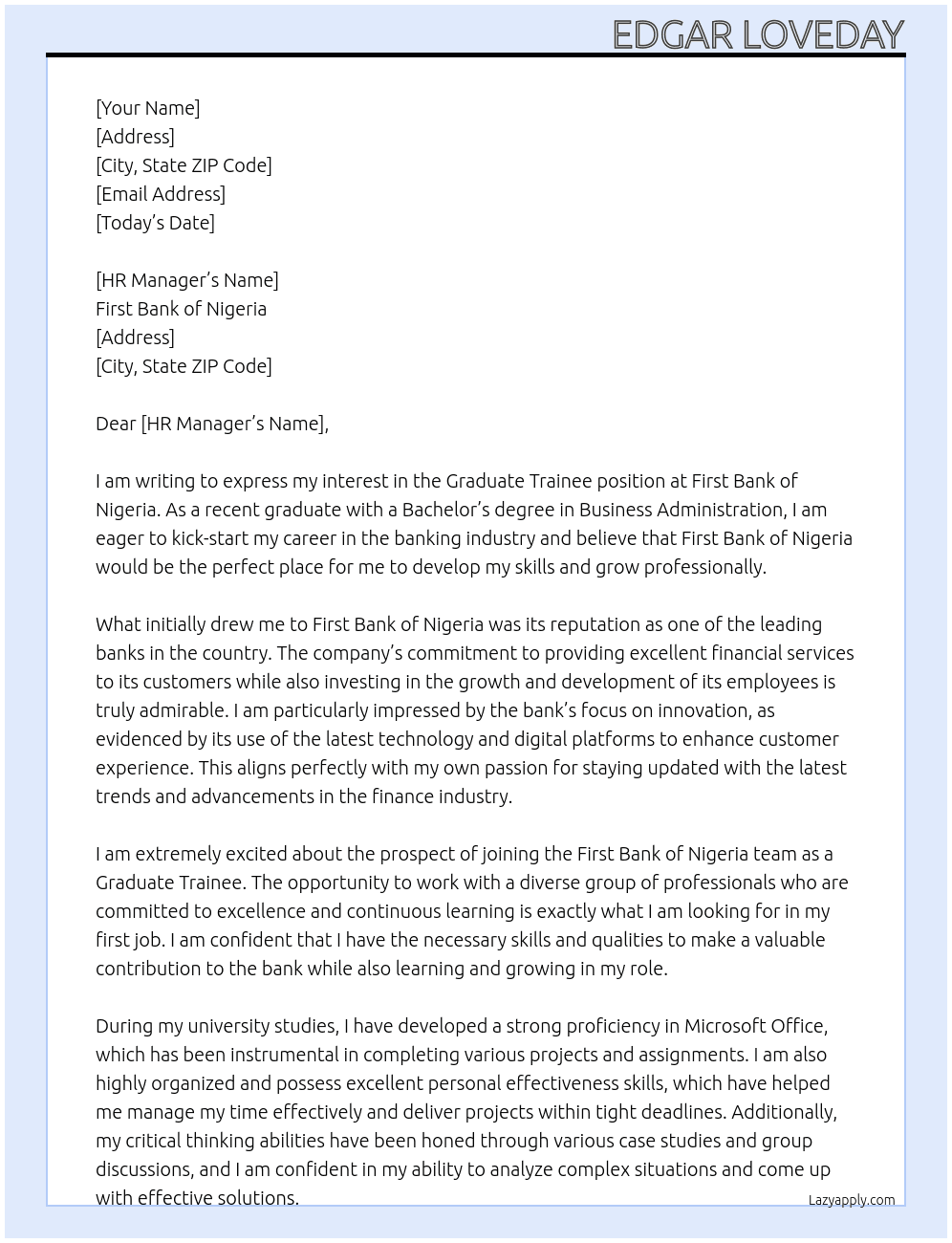 Graduate Trainee At First Bank of Nigeria Cover Letter