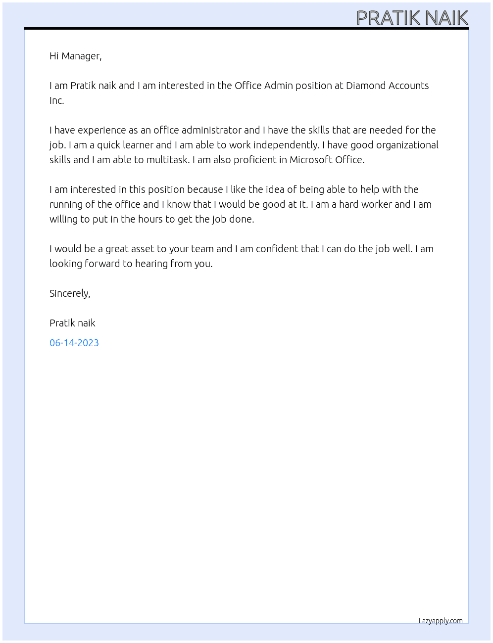 Office Admin At Diamond Accounts Inc. Cover Letter