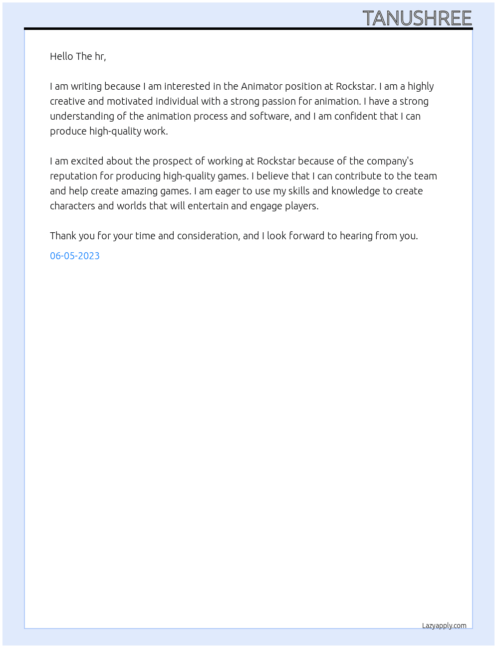 Animator  At Rockstar Cover Letter