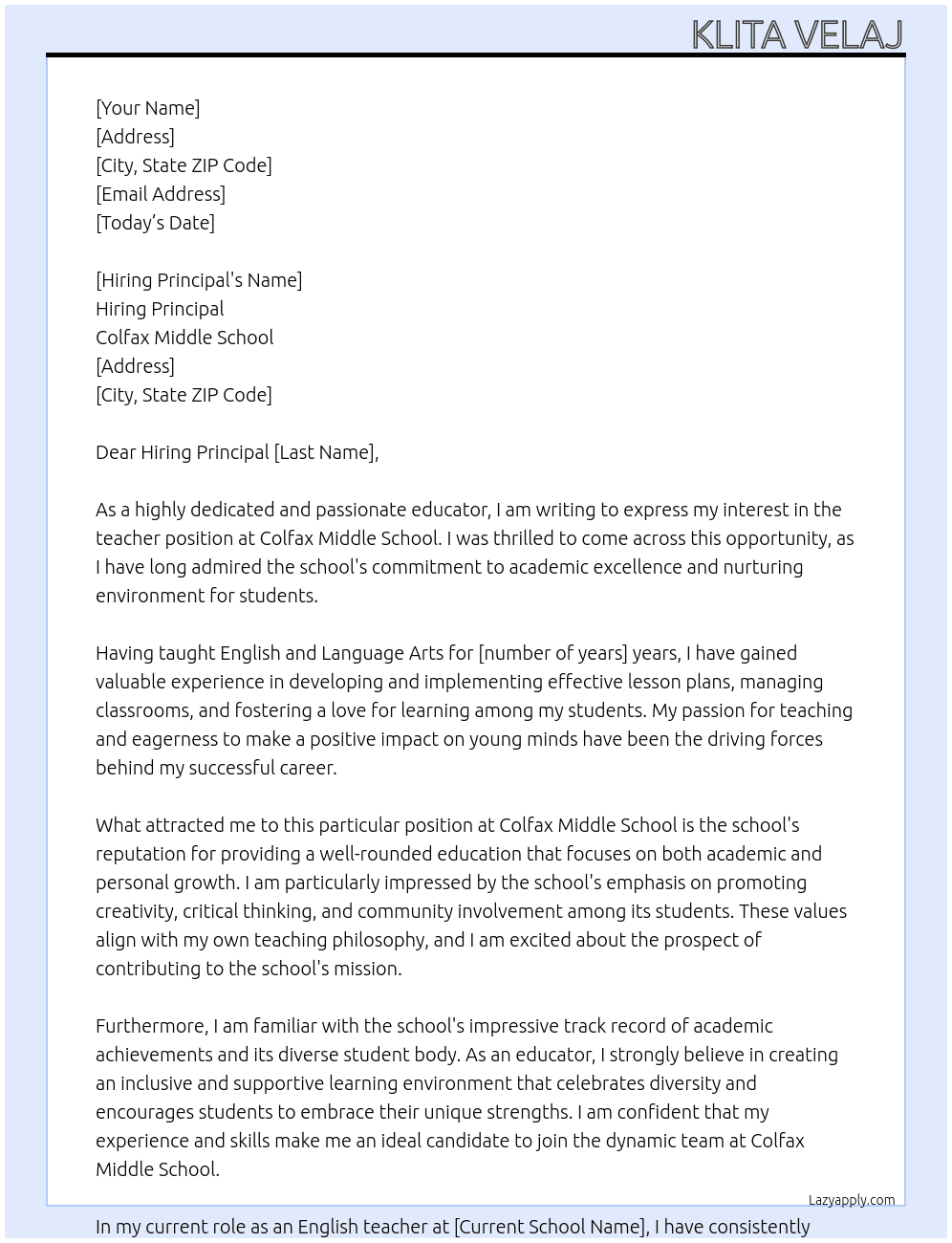 teacher At Colfax Middle School  Cover Letter