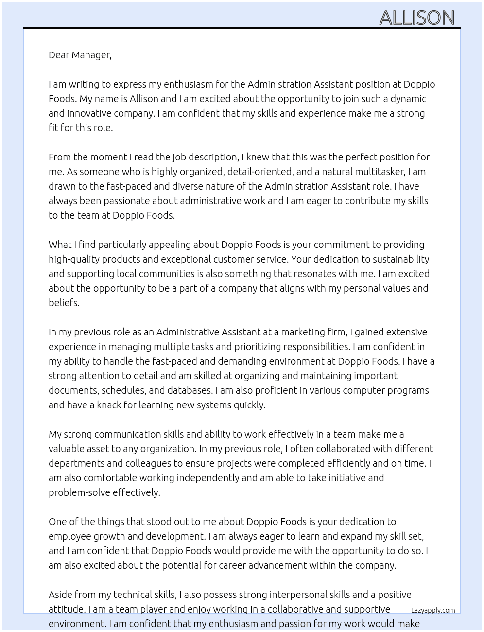Administration Assistsnt  At Doppio Foods Cover Letter