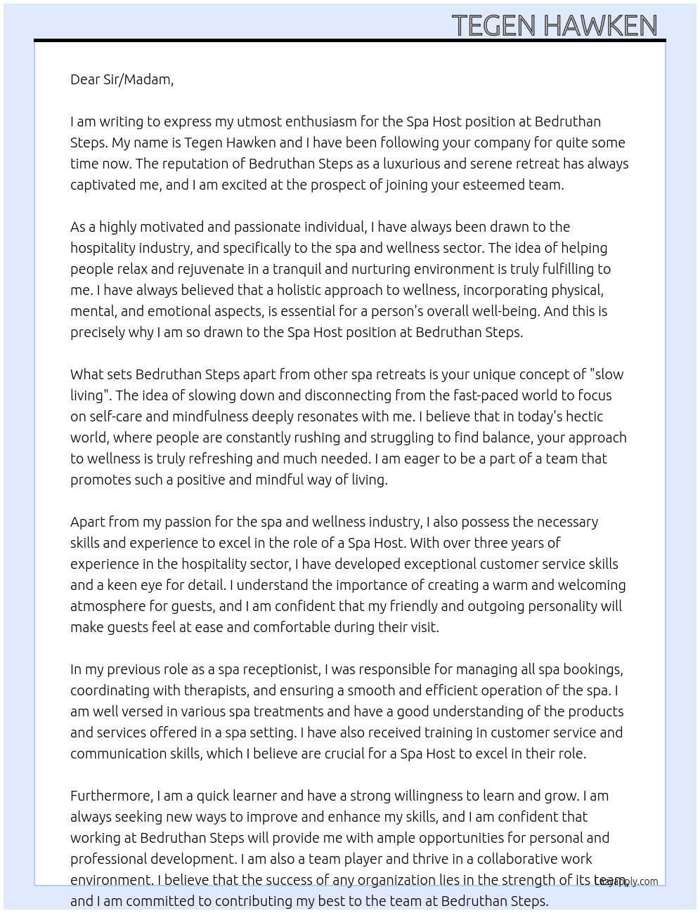 Spa host At Bedruthan steps Cover Letter