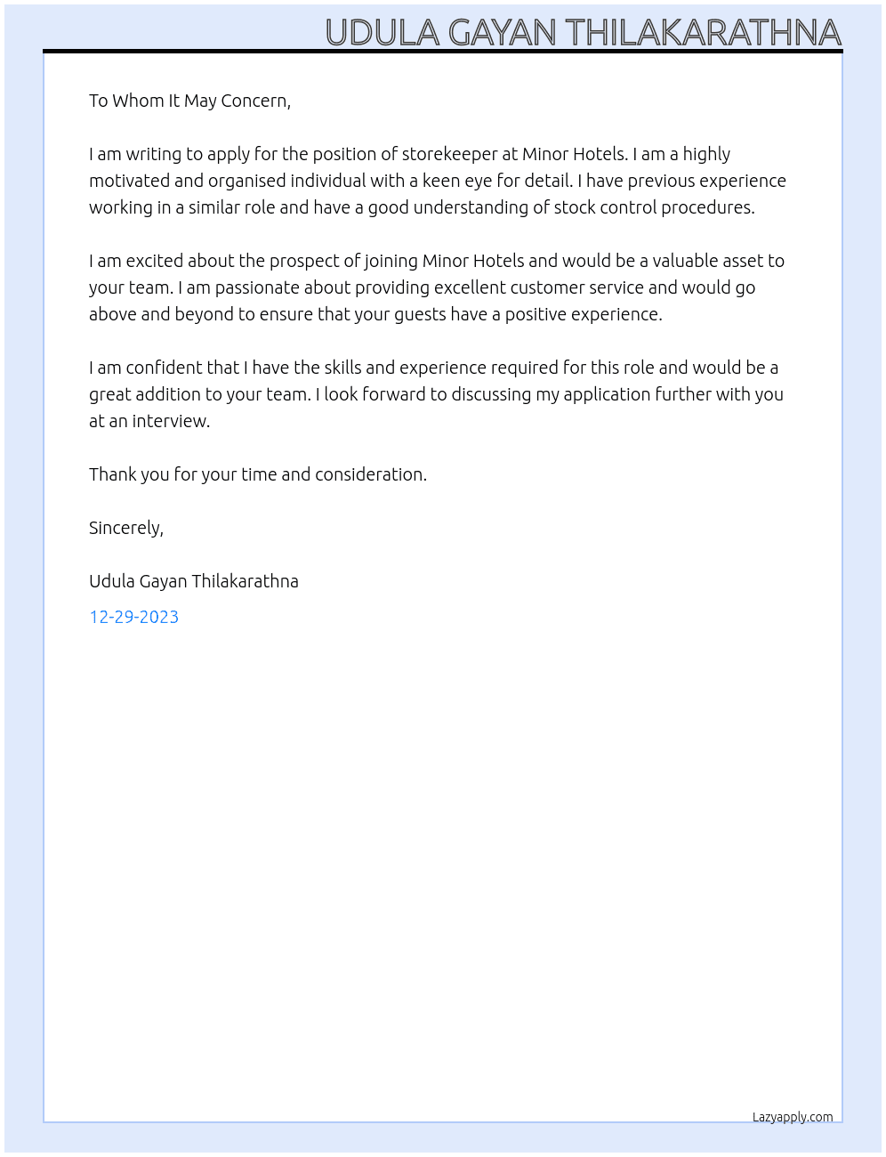 storekeeper At Minor Hotels Cover Letter