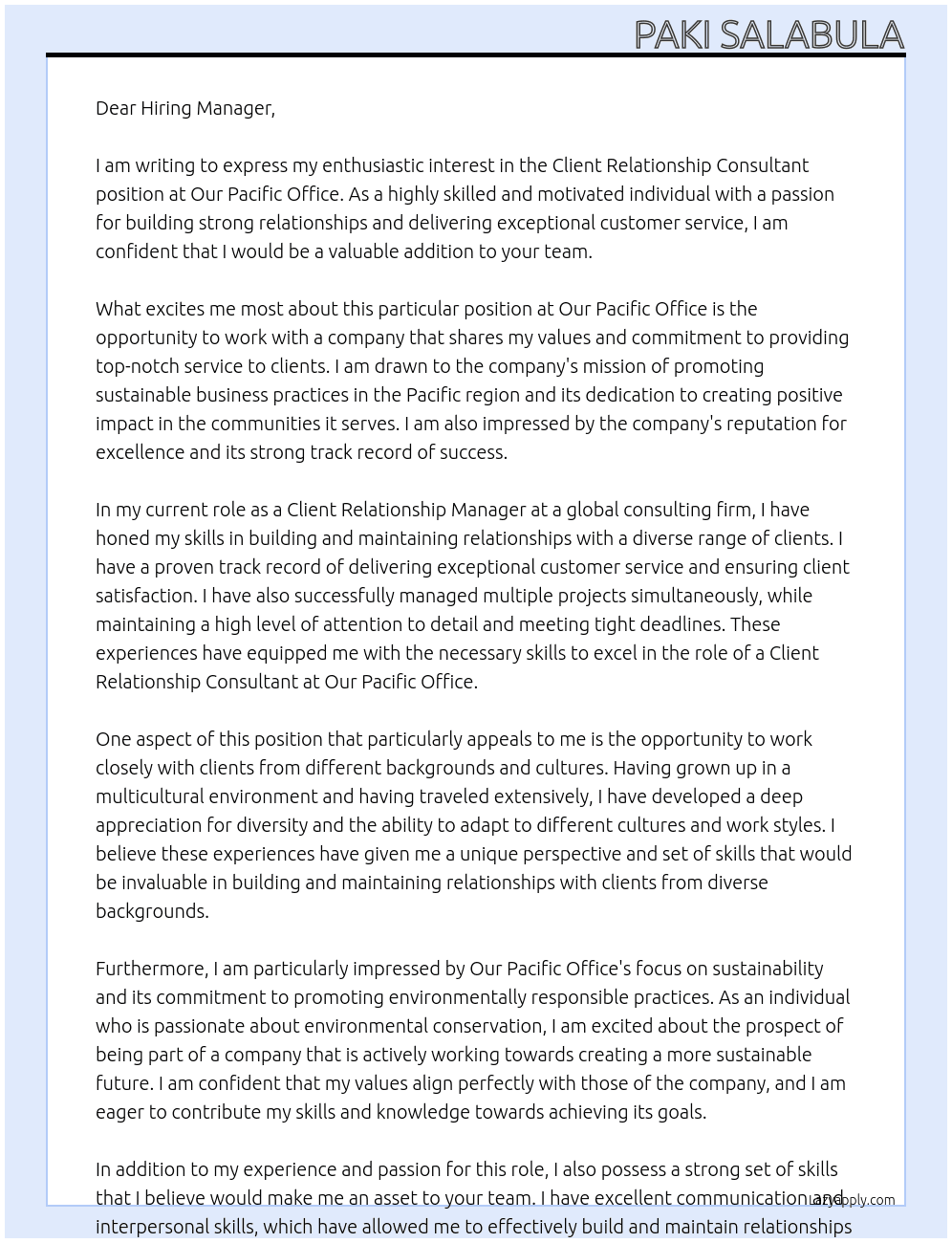Client Relationship Consultant At Our Pacific Office Cover Letter