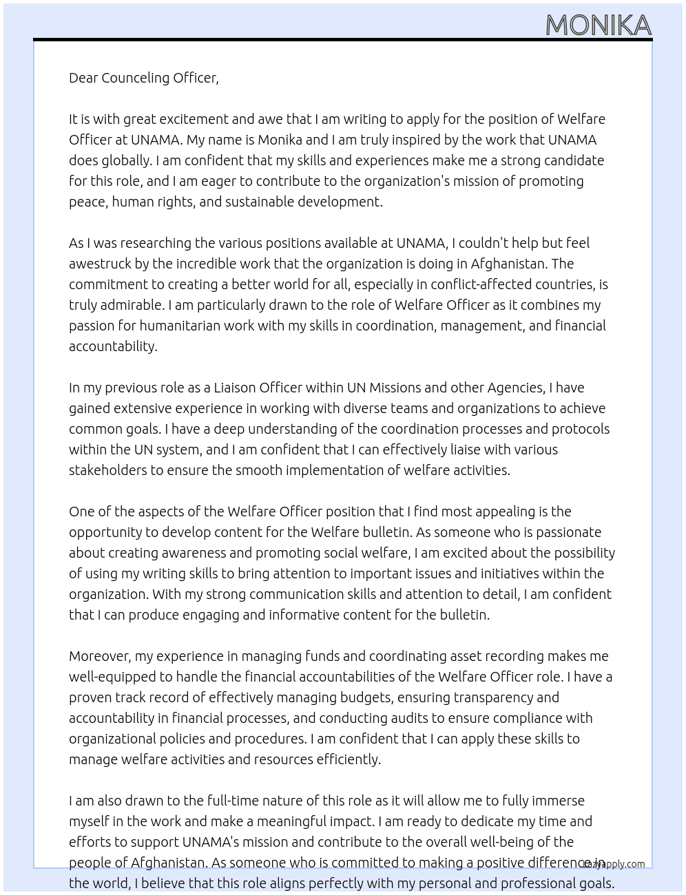 Welfare Officer At UNAMA Cover Letter