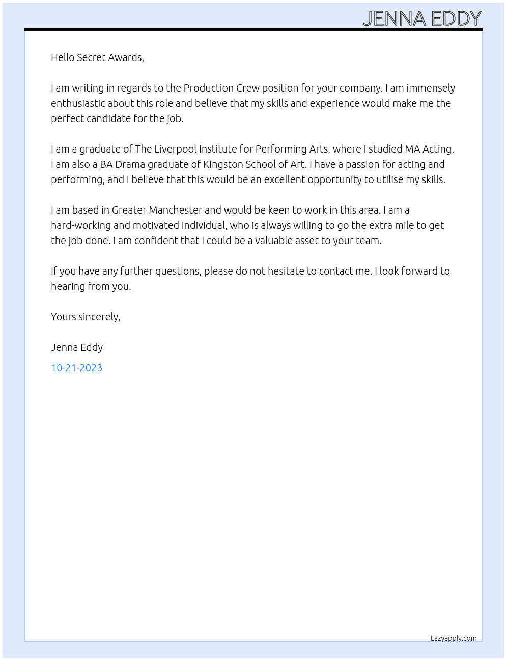 Secret Awards At University of Salford Short Film Cover Letter