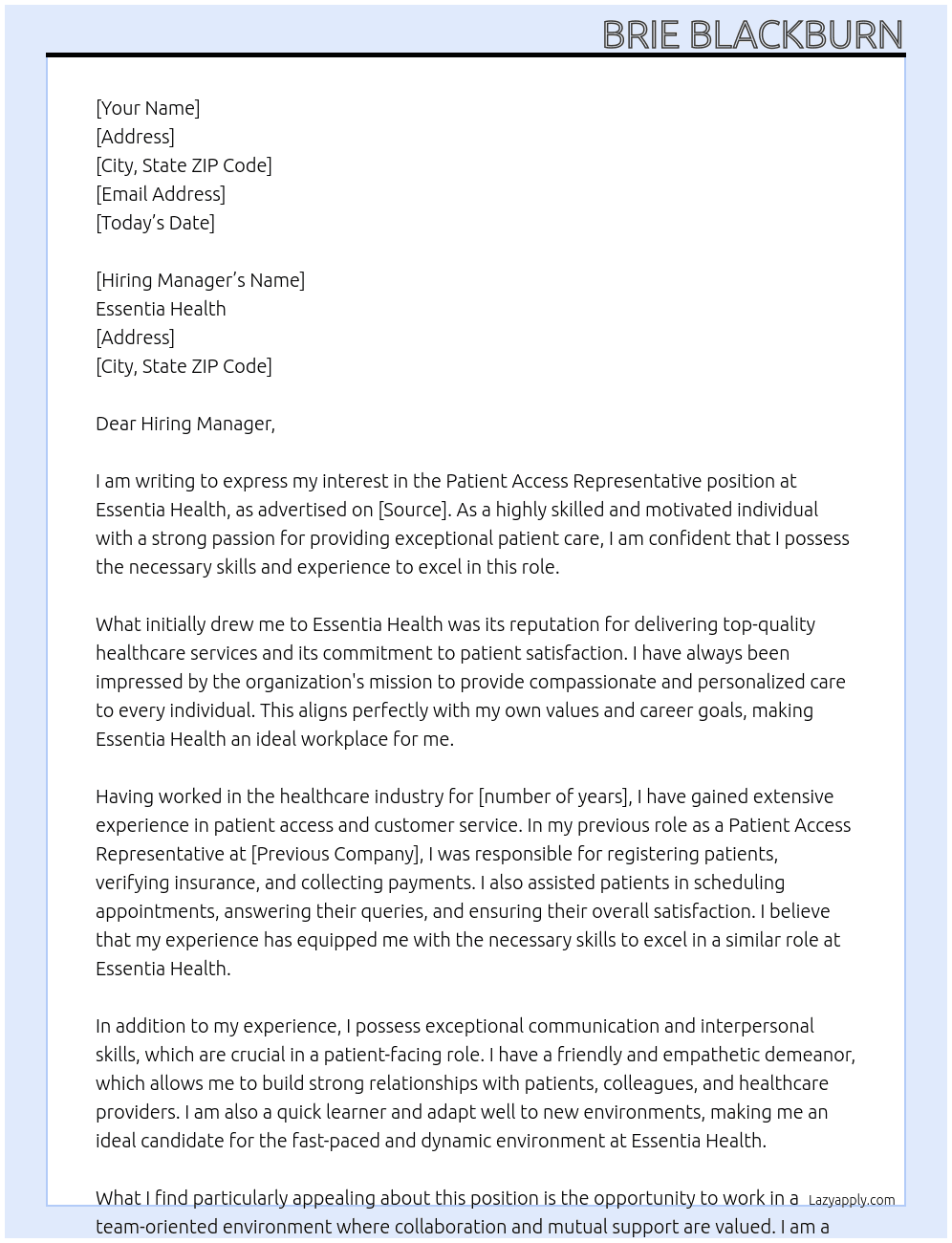Patient Access Representative  At Essentia Health Cover Letter