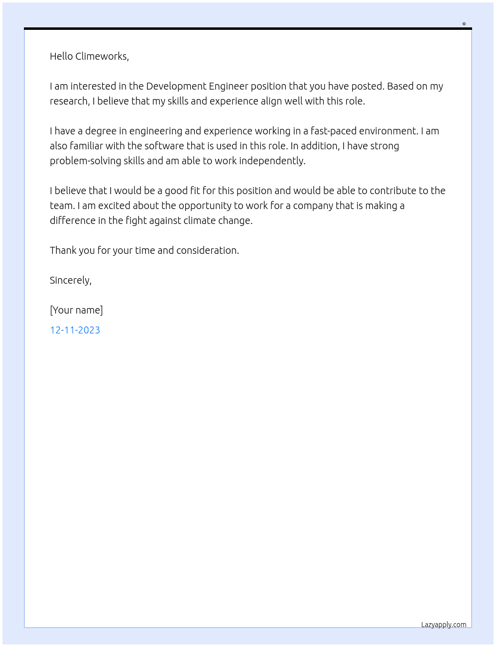Development Engineer At Climeworks Cover Letter