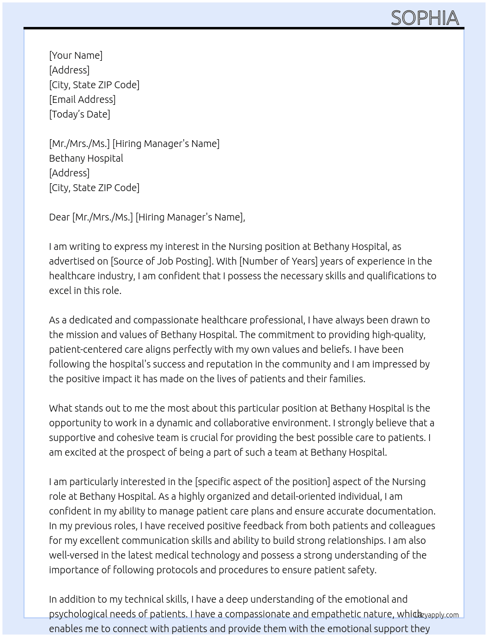 Nursing At Bethany hospital Cover Letter