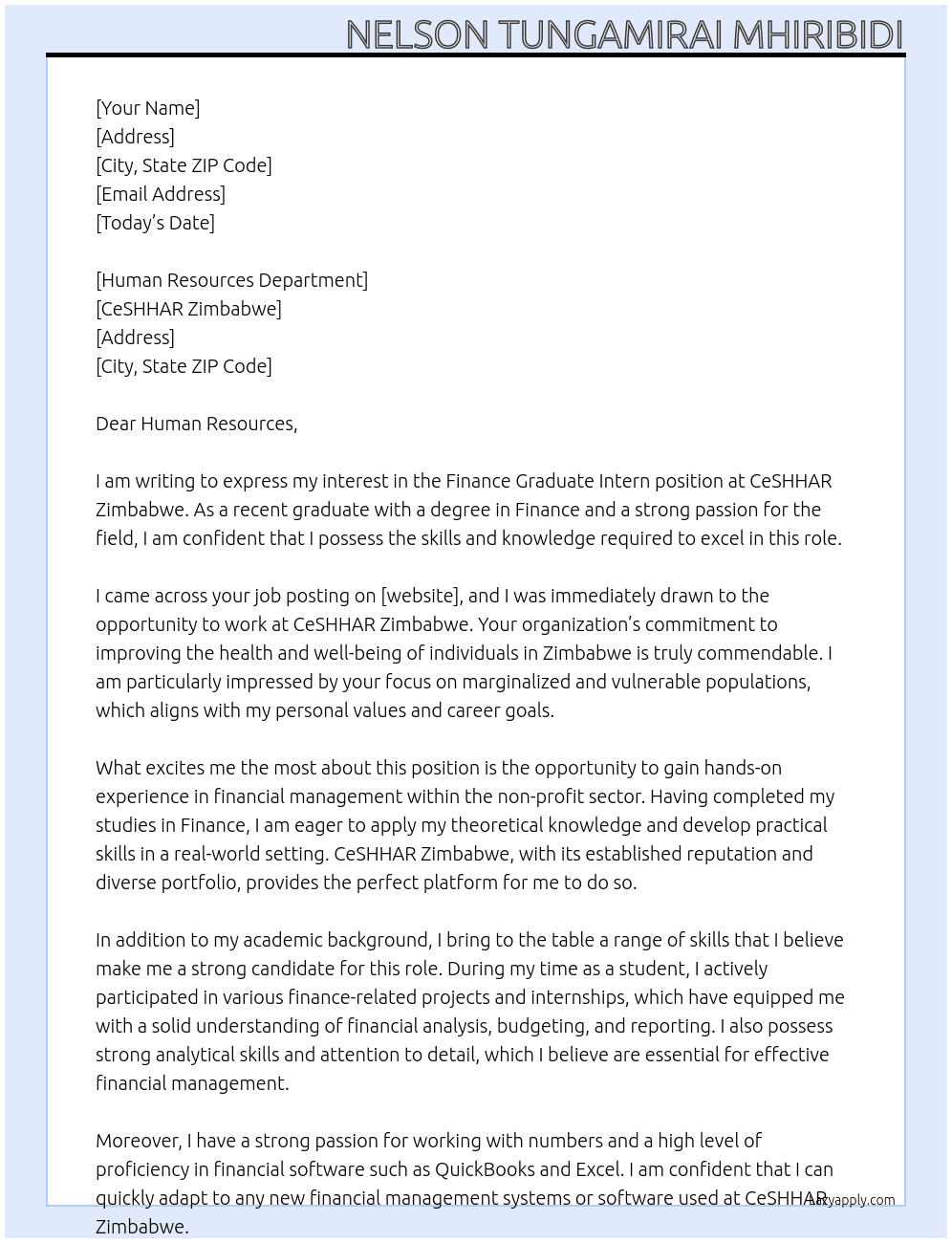finance graduate intern At CeSHHAR Zimbabwe Cover Letter