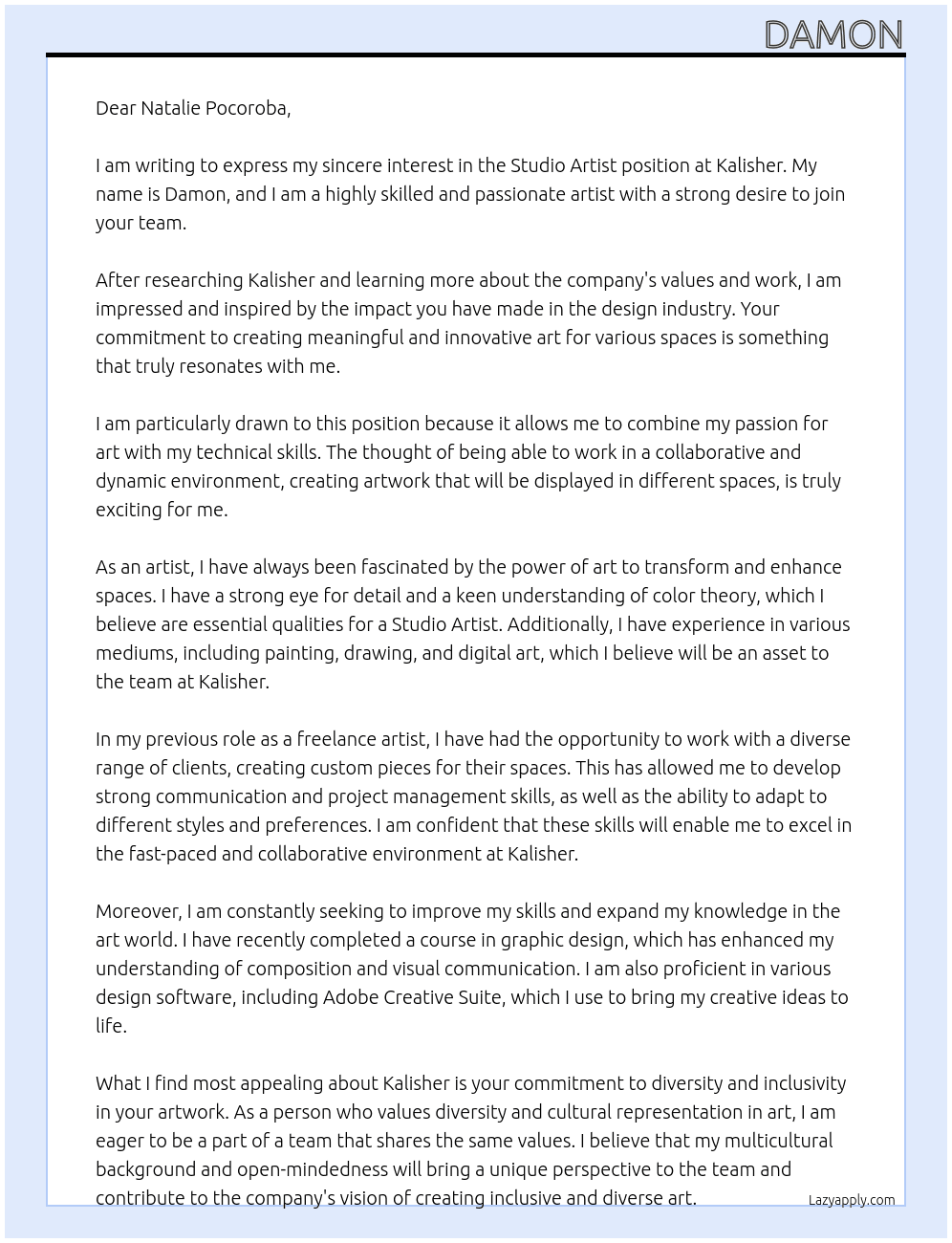 Studio Artist At Kalisher Cover Letter