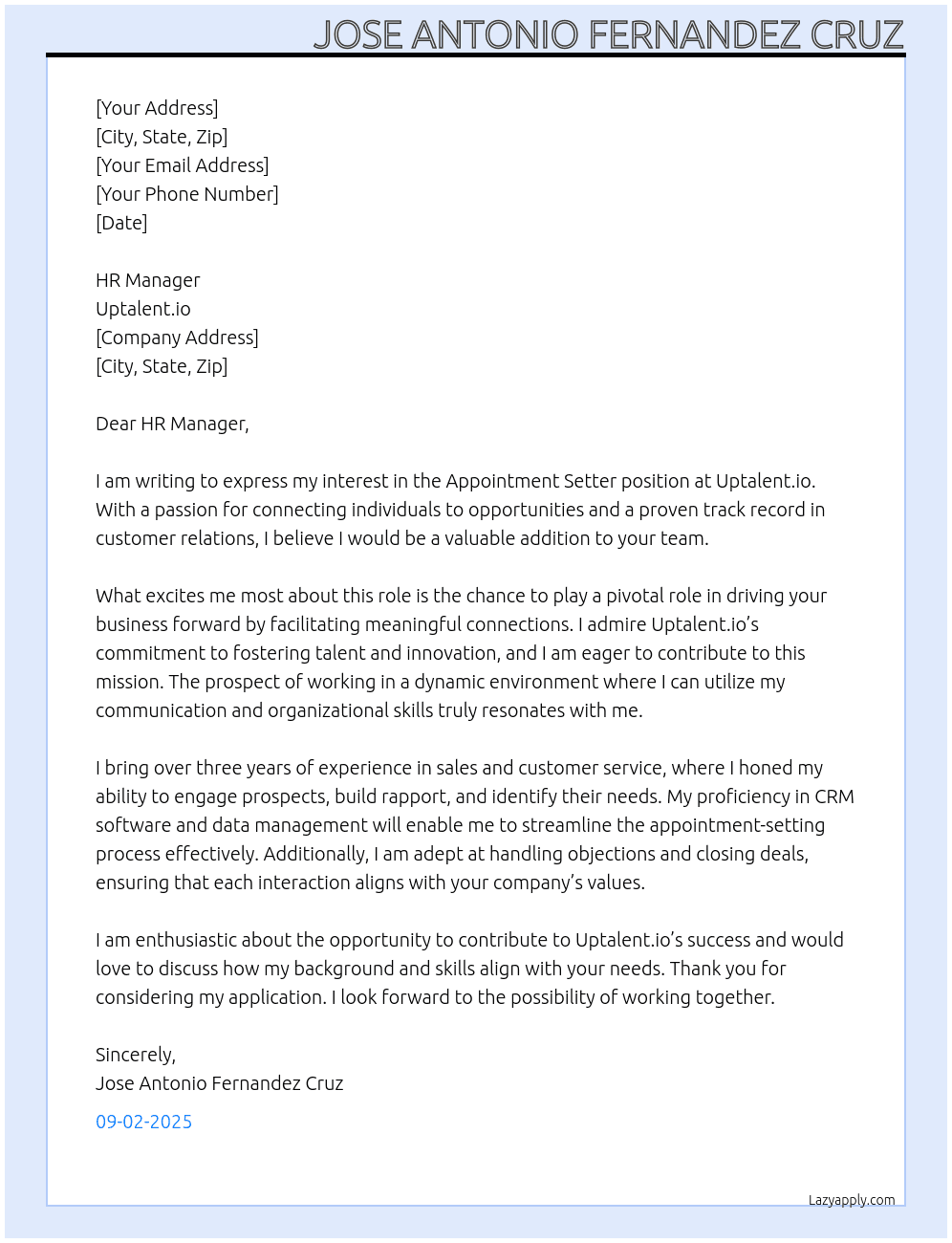 appointment setter At uptalent.io Cover Letter