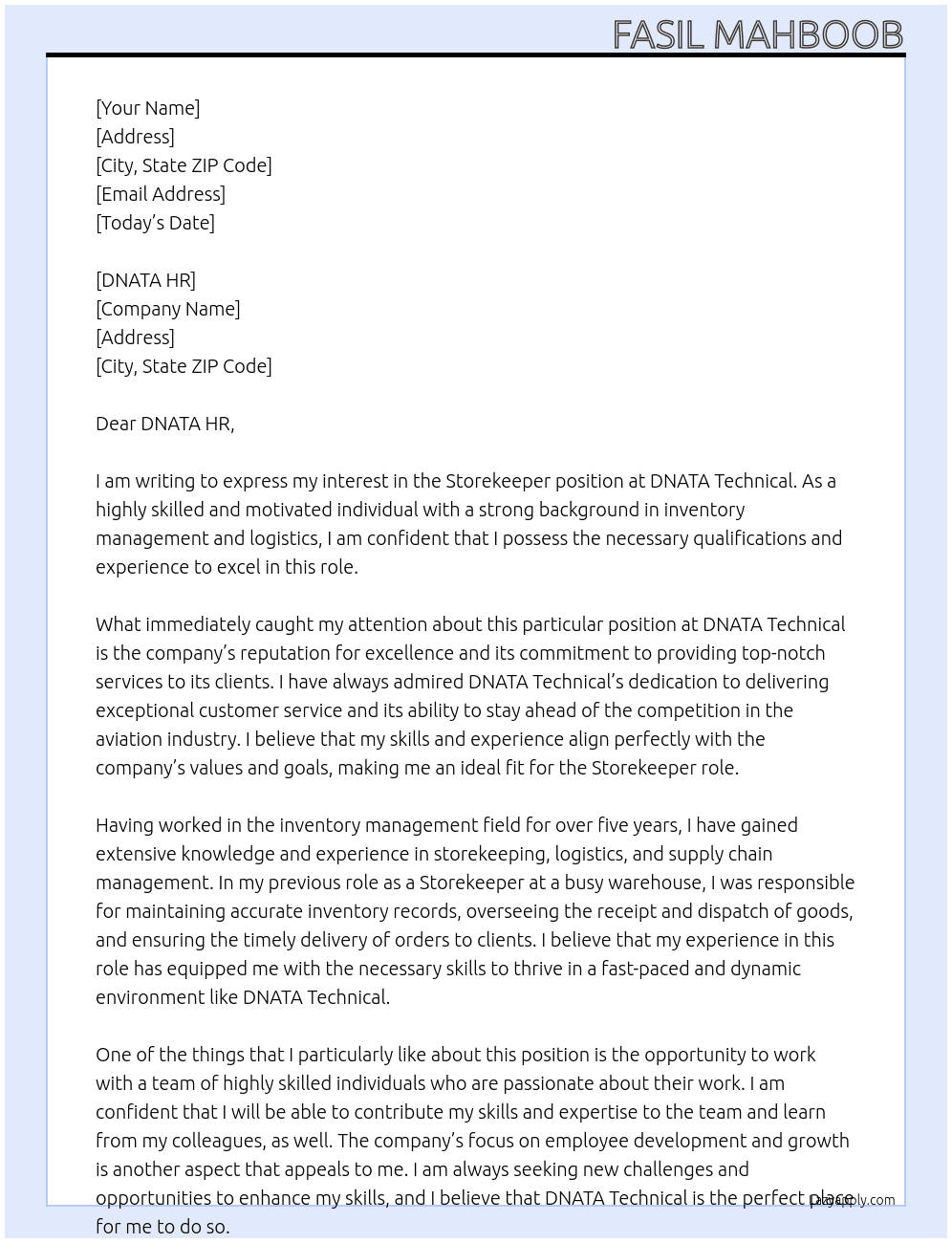 store keeper At Storekeeper - dnata Technical Cover Letter