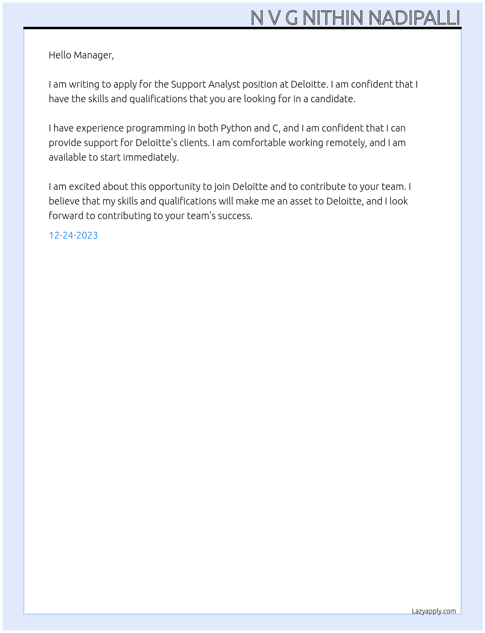 Support Analyst  At Deloitte  Cover Letter