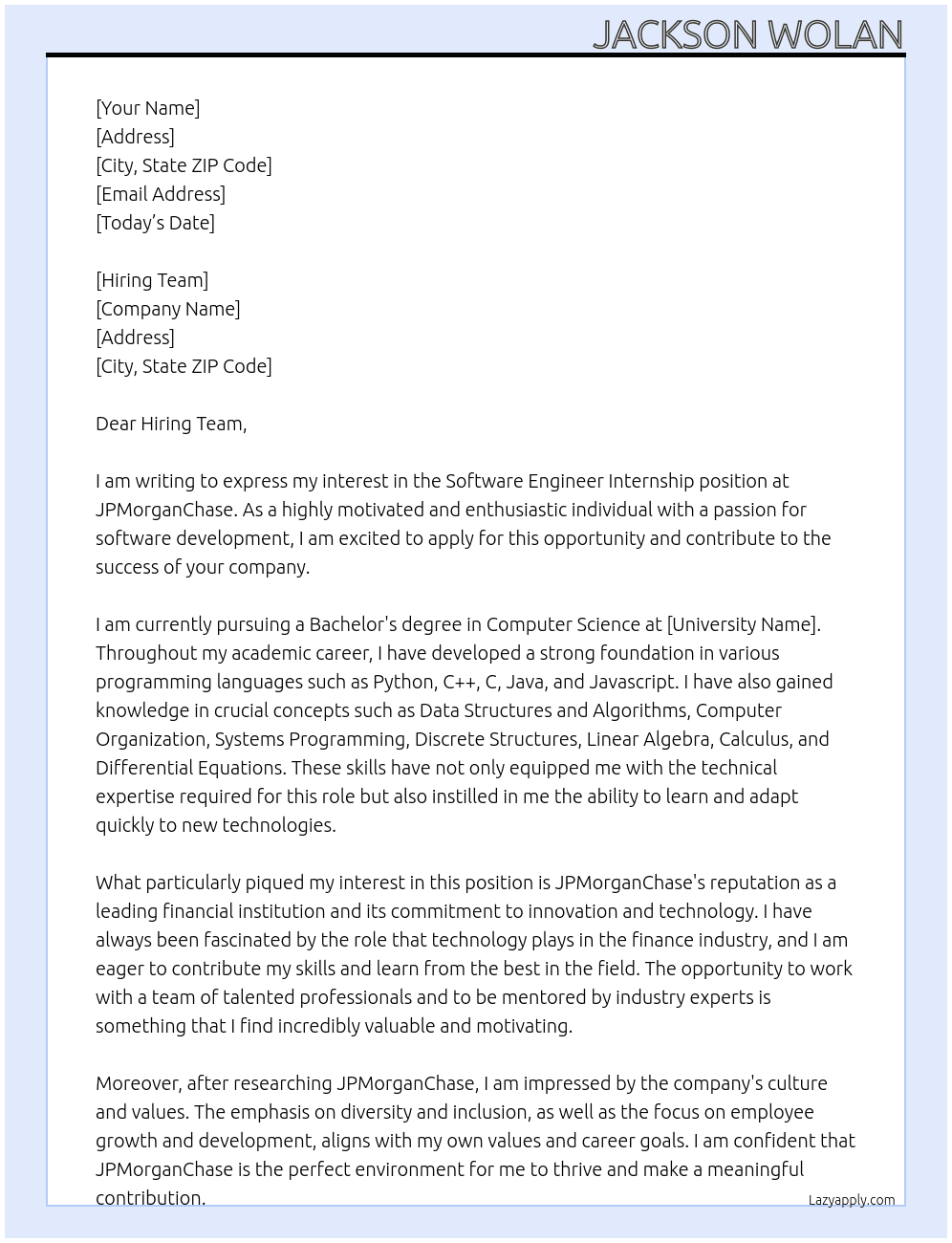 Software Engineer Internship At JPMorganChase Cover Letter