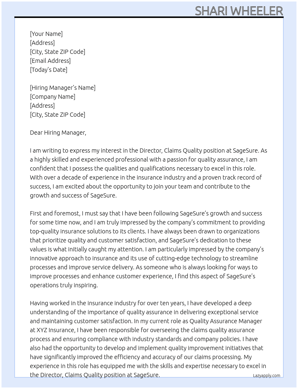 Director, Claims Quality At SageSure Cover Letter