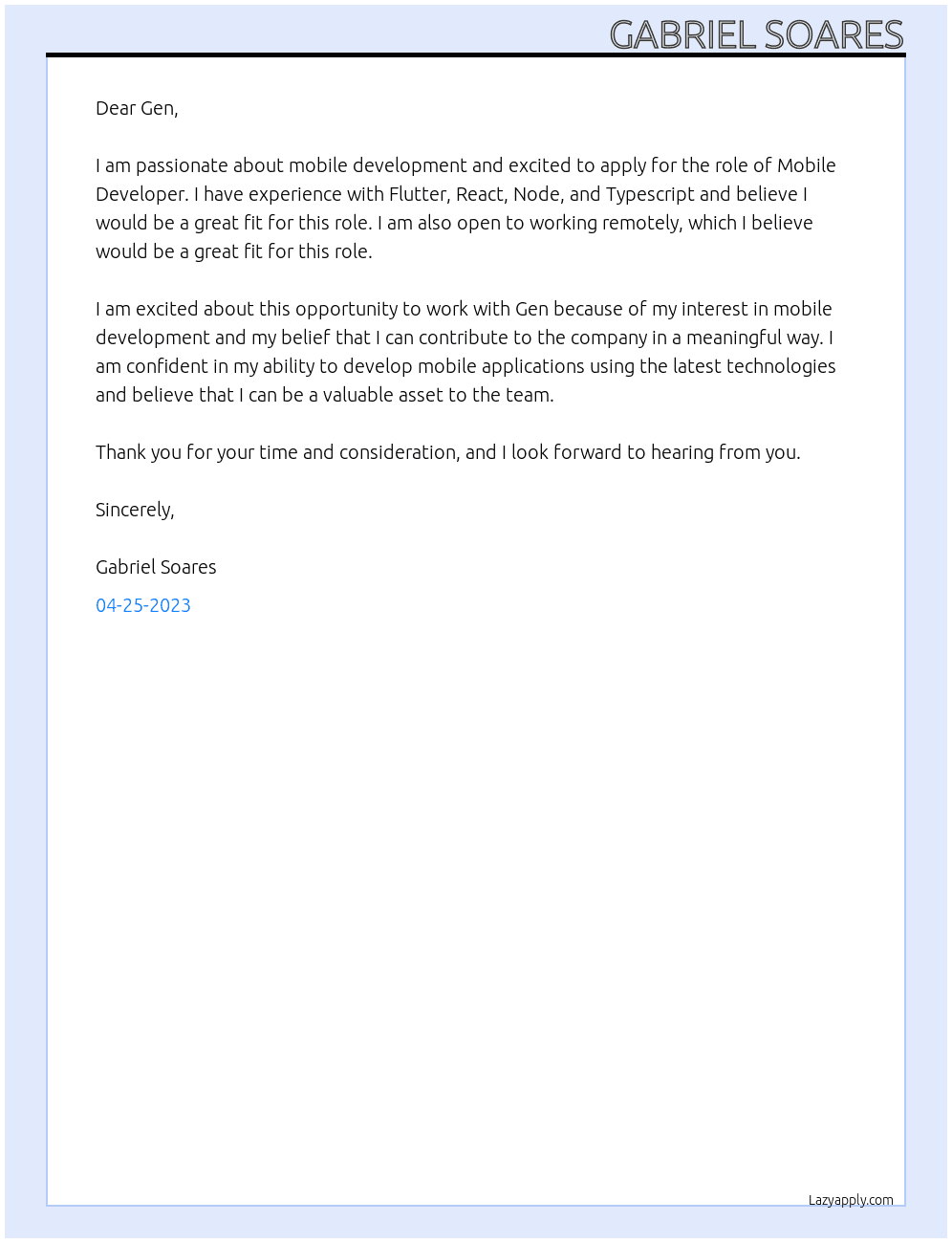 Mobile Developer At Gen Cover Letter