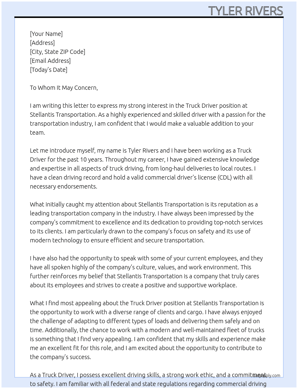 Truck Driver At Stellantis Transportation Cover Letter