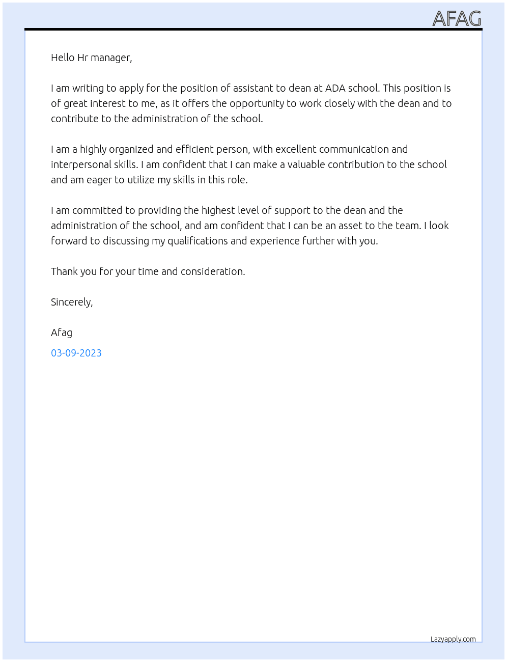 assistant to dean At ADA school Cover Letter