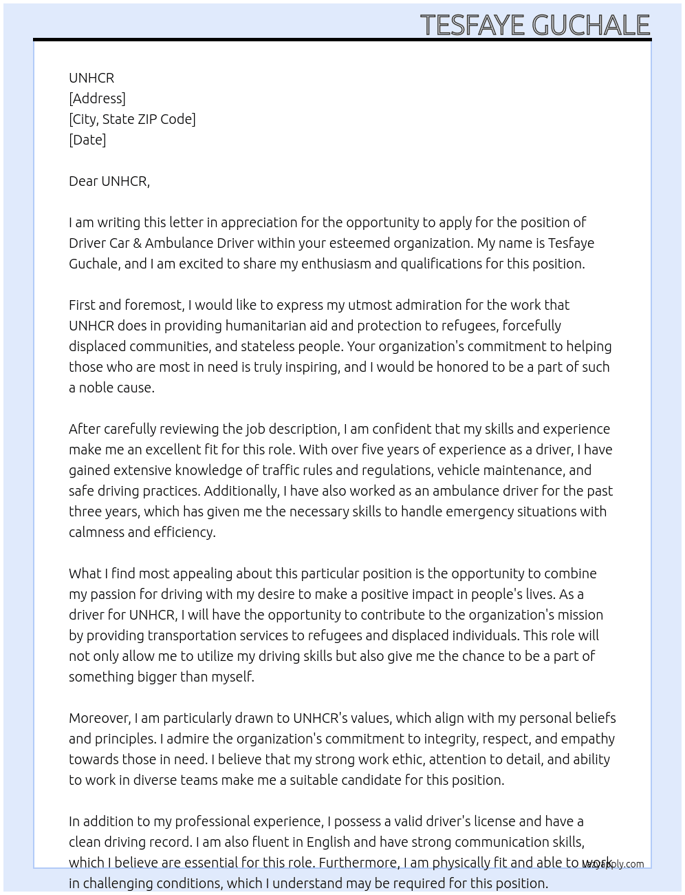 Driver Car & Ambulance Driver  At UNHCR Cover Letter