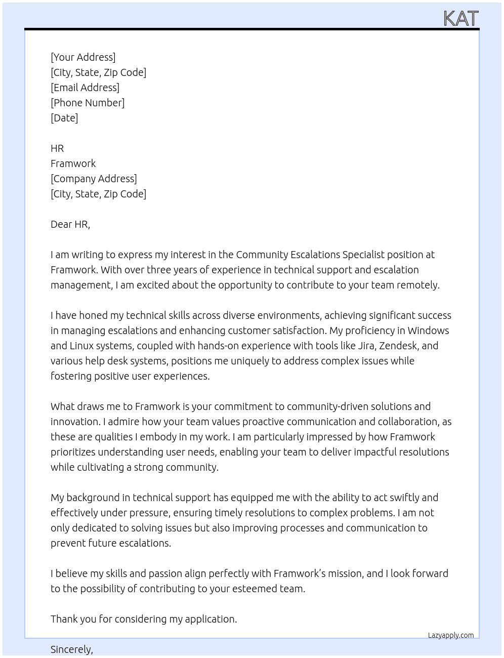 Community Escalations Specialist At Framwork Cover Letter
