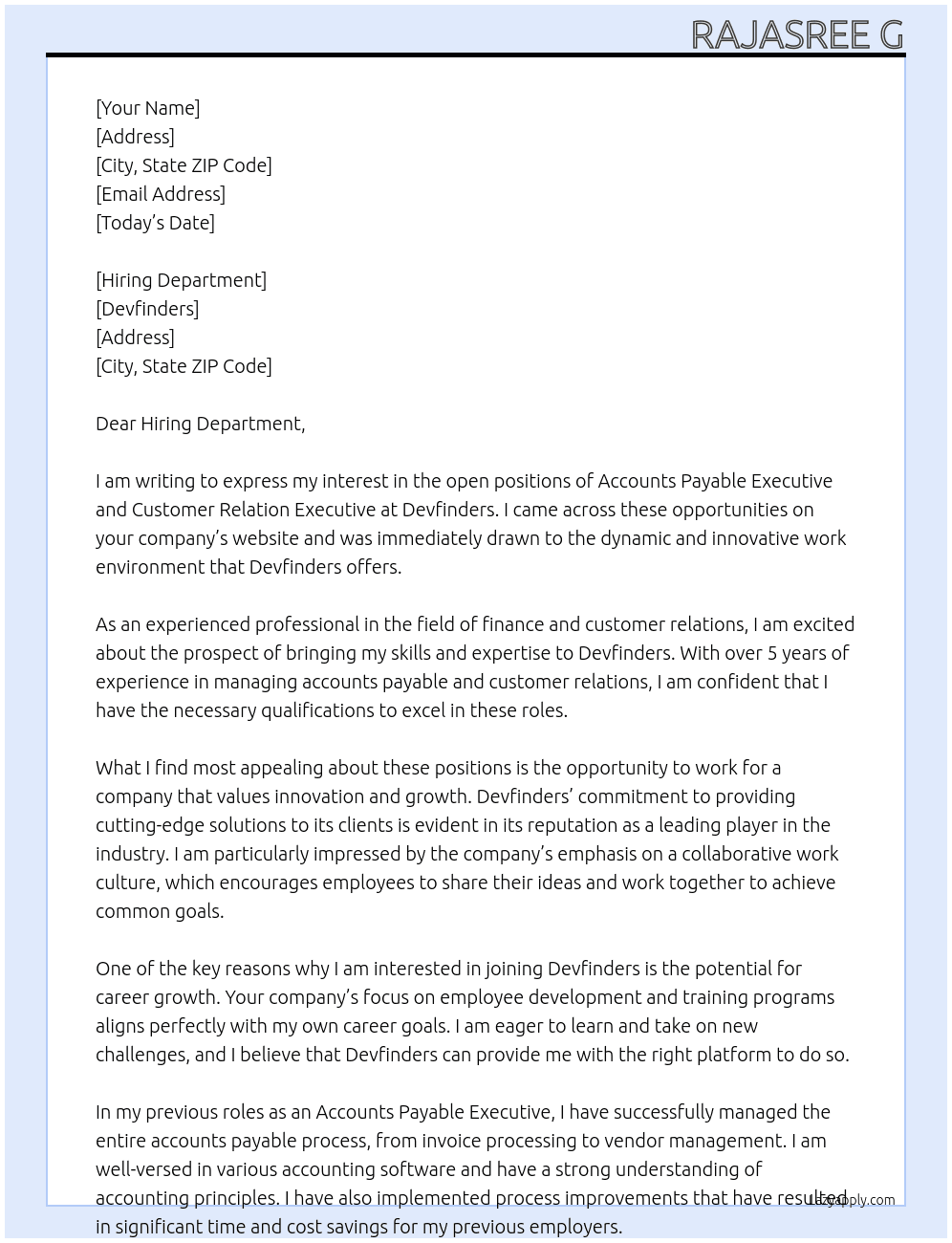 Accounts payable executive and Customer Relation Executive At Devfinders Cover Letter