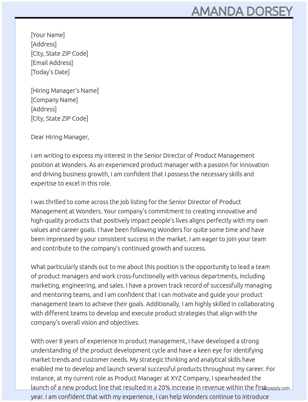 Sr. Director Product Management At Wonders Cover Letter