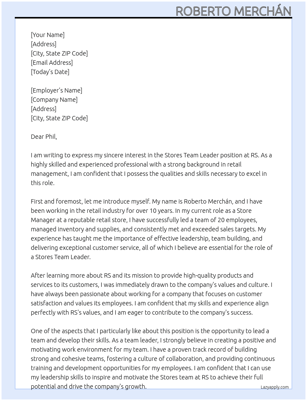 Stores Team Leader At RS Cover Letter