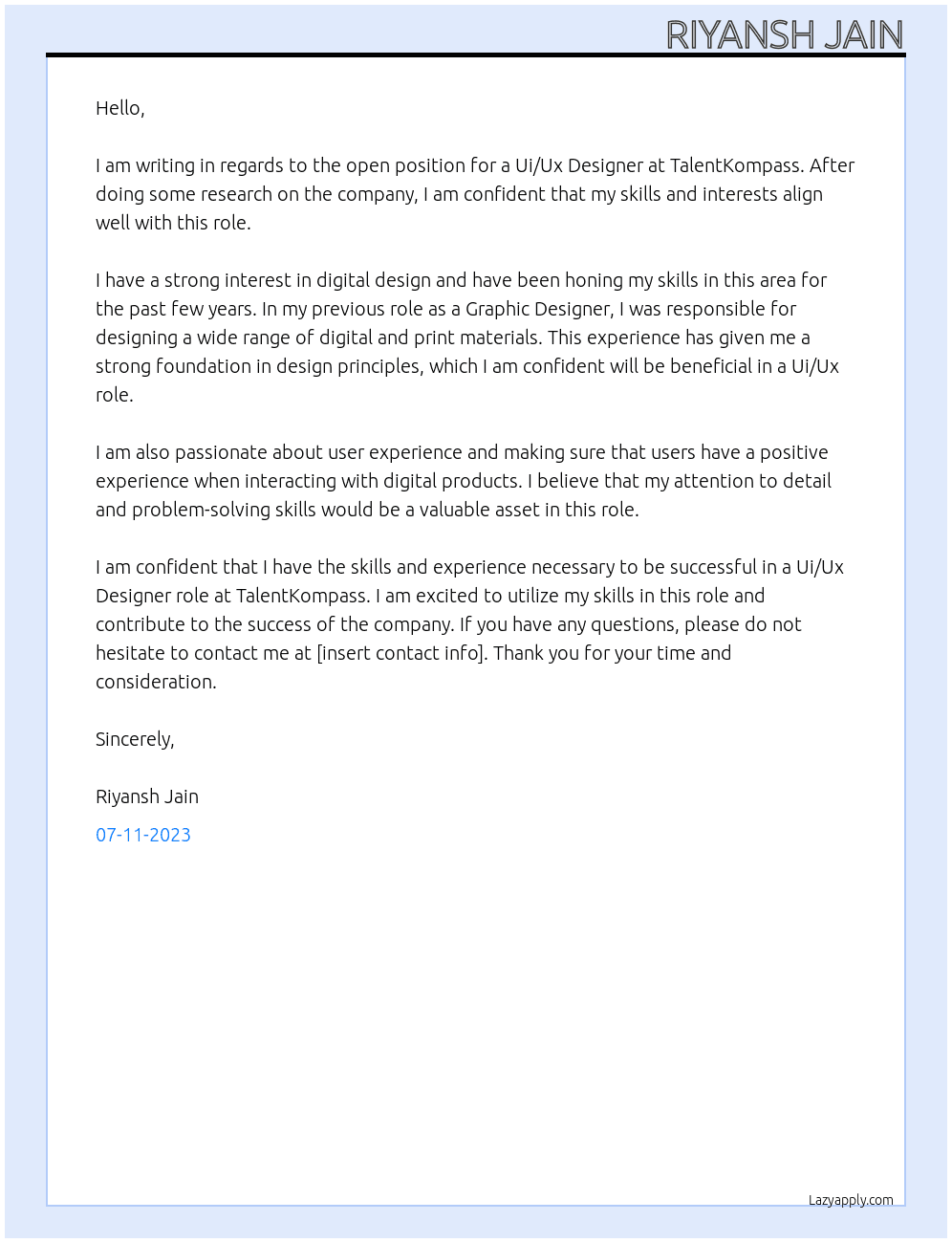 Ui/Ux At TalentKompass Cover Letter