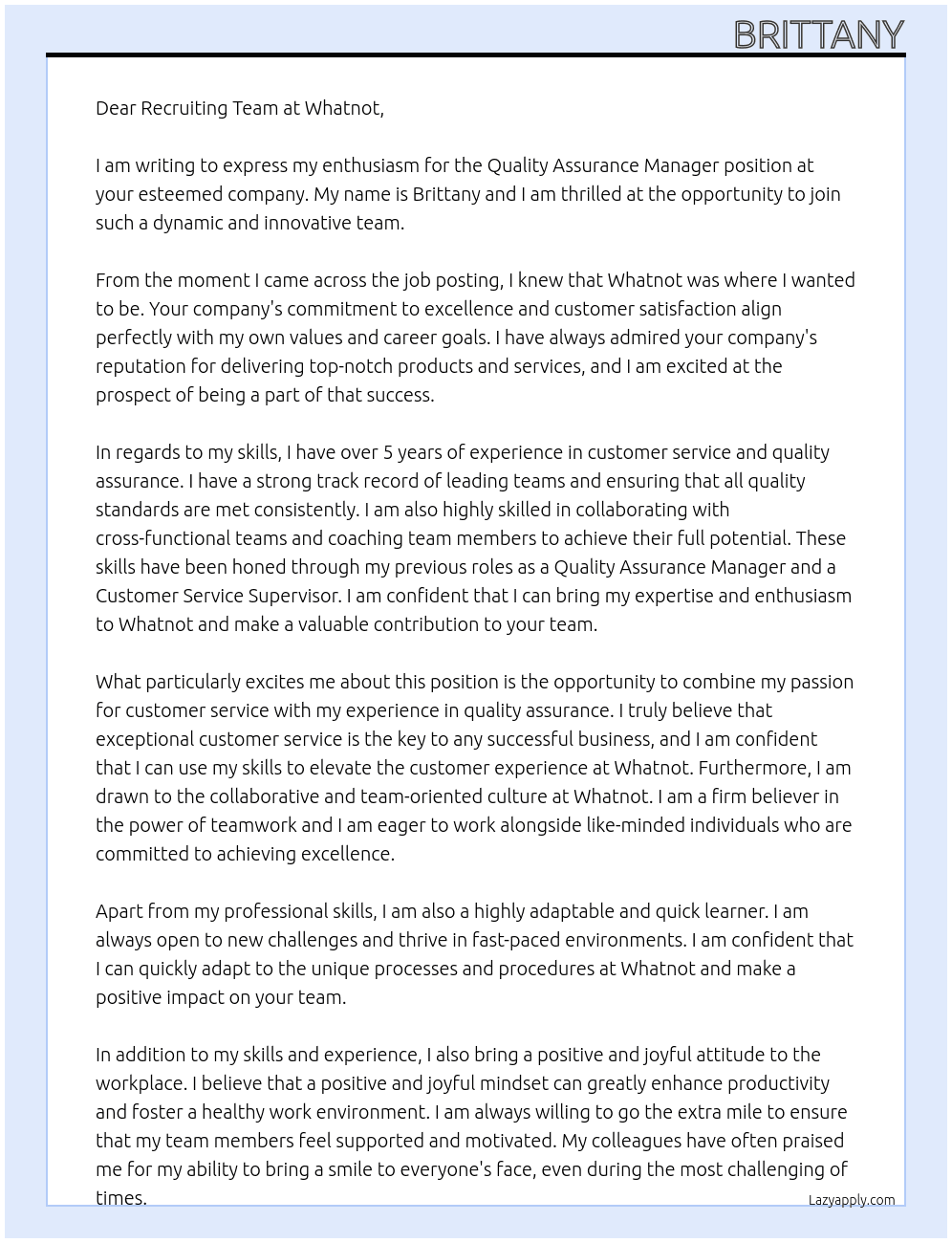 Quality Assurance Manager At Whatnot Cover Letter