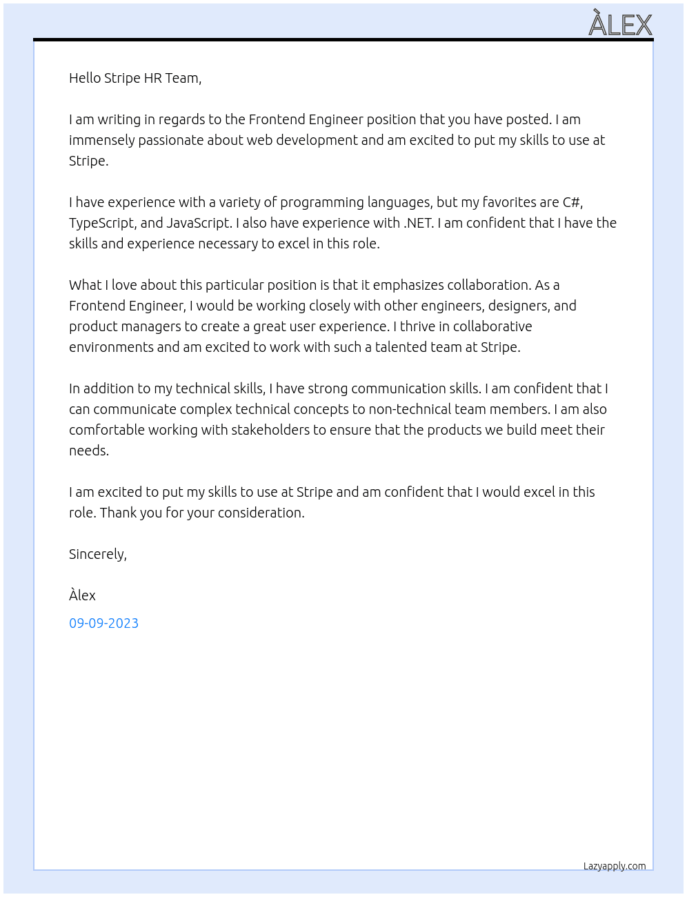 Frontend Engineer At Stripe Cover Letter