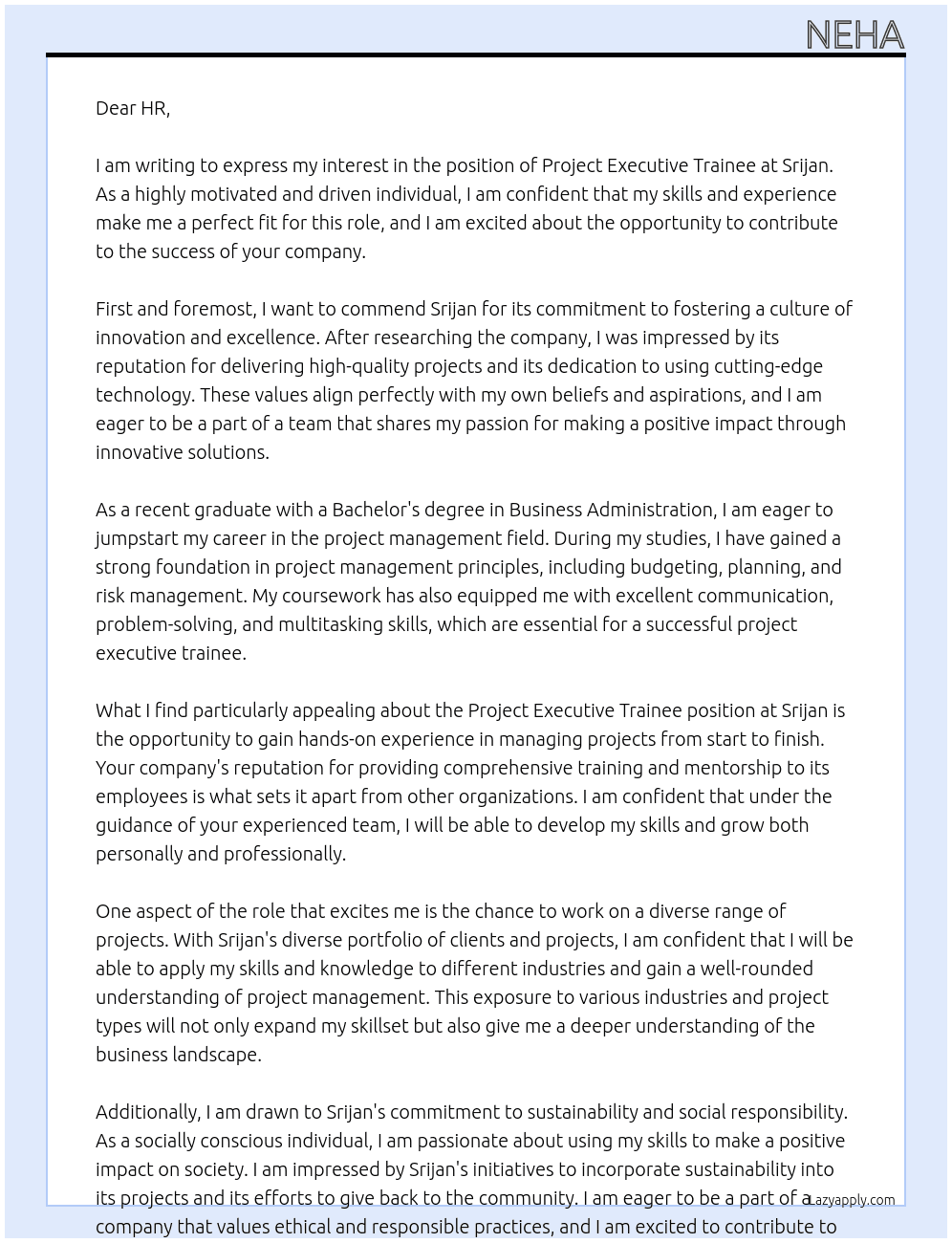 Project executive trainee At Srijan Cover Letter