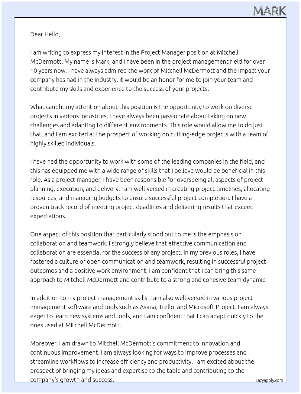 Project Manager At Mitchell McDermott.  Cover Letter