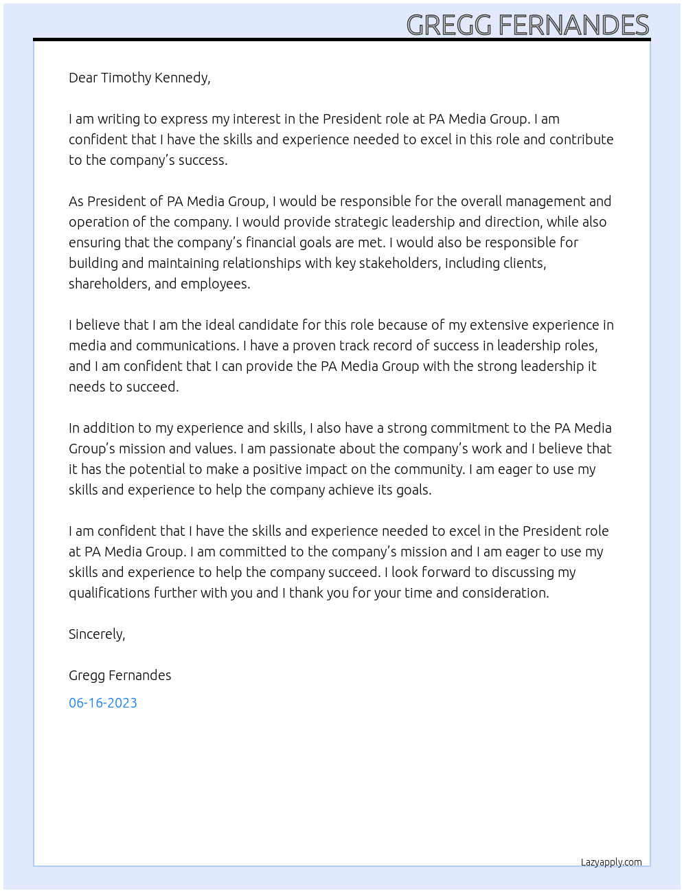 President At PA Media Group Cover Letter