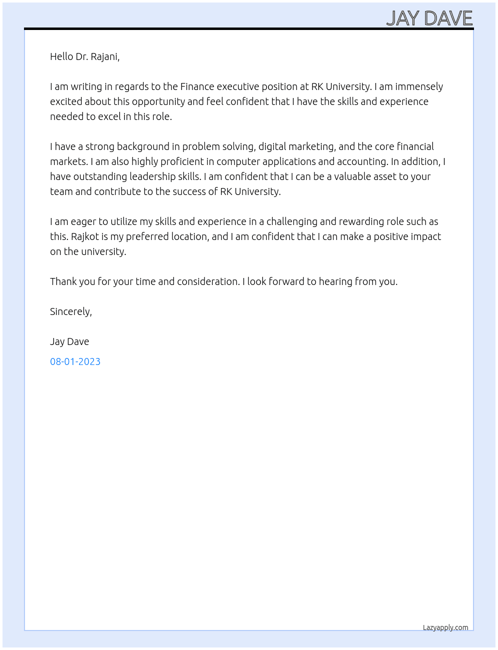 Finance executive  At RK UNIVERSITY  Cover Letter