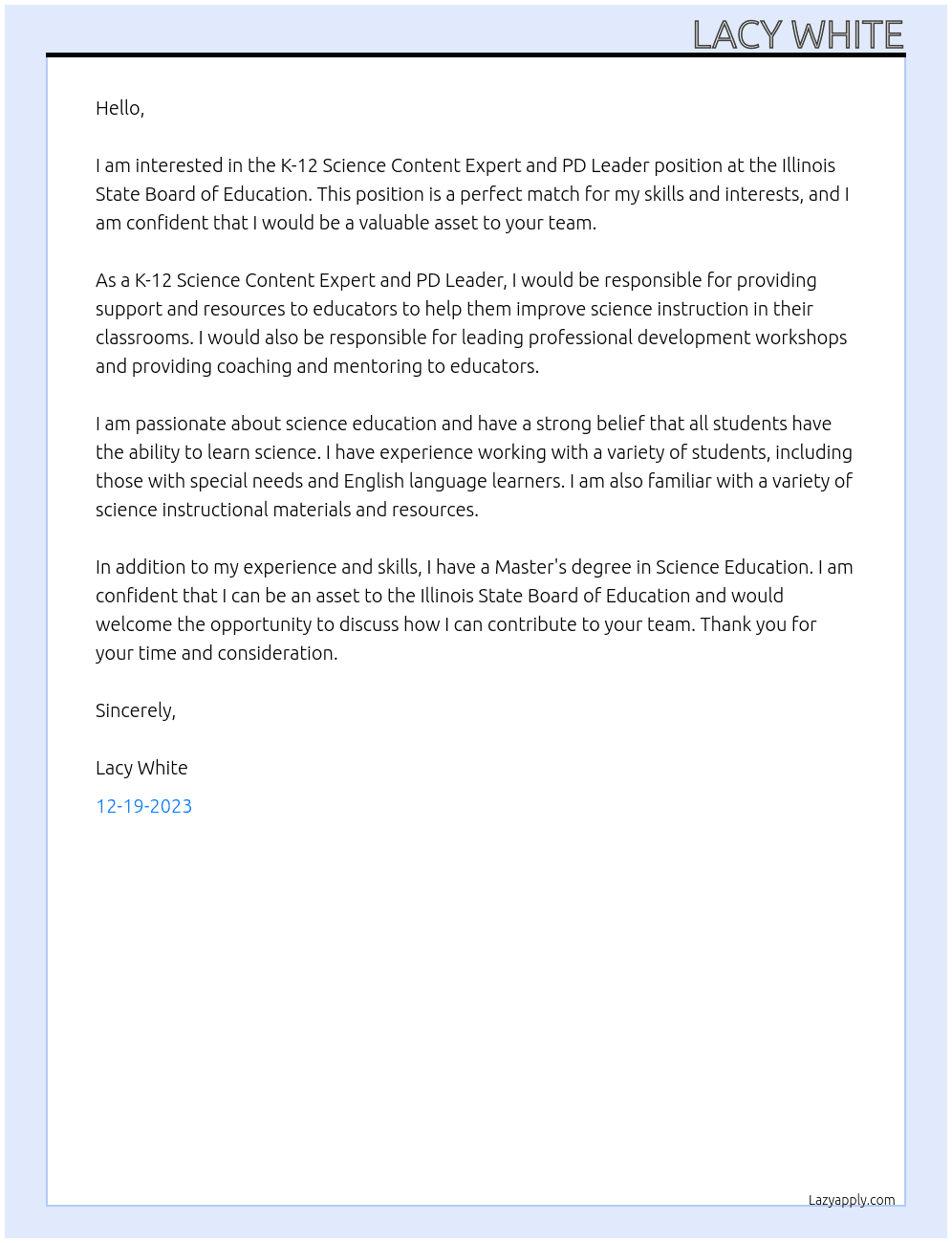 K-12 Science Content Expert and PD Leader At Illinois State Board of Education Cover Letter