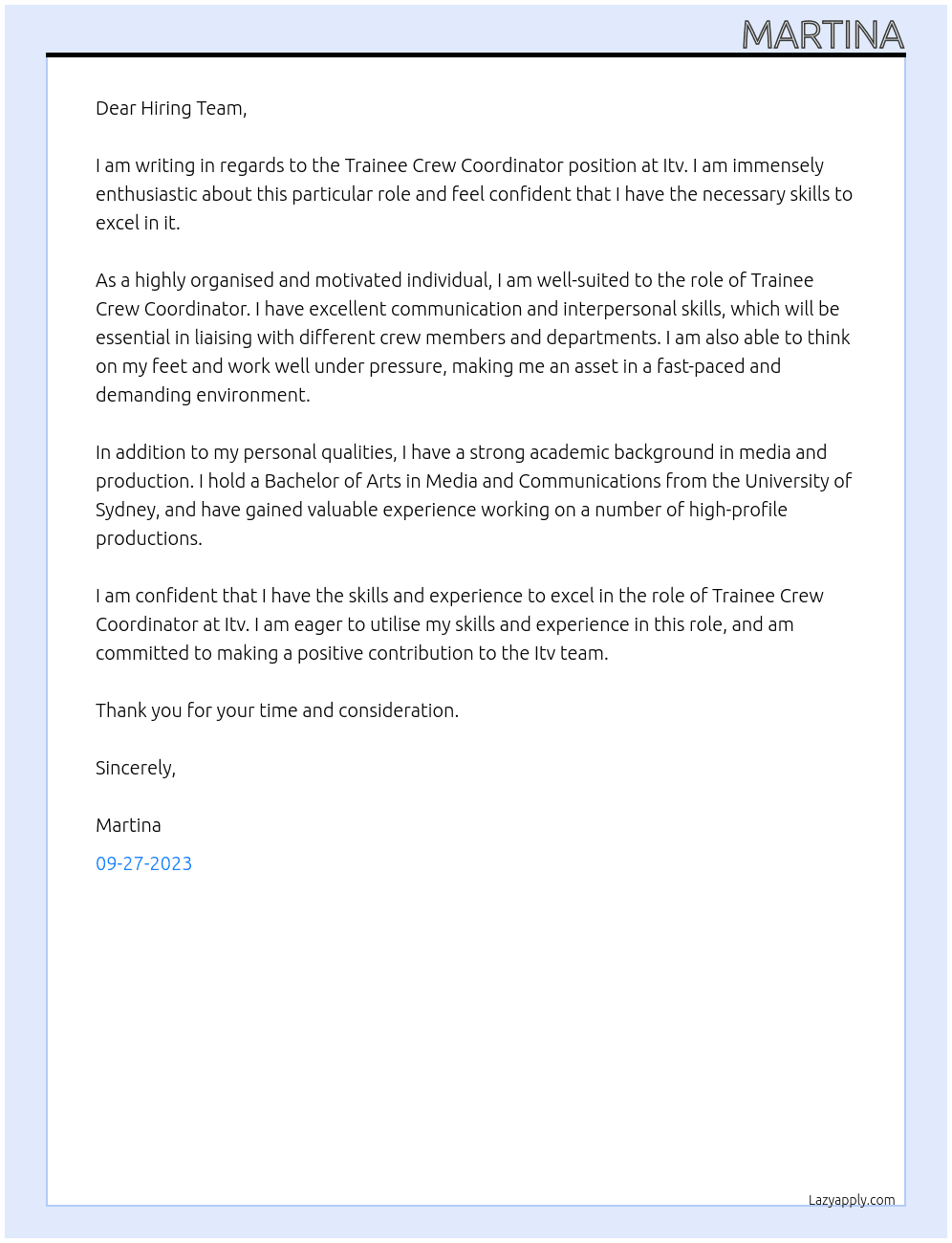 trainee crew coordinator At Itv Cover Letter
