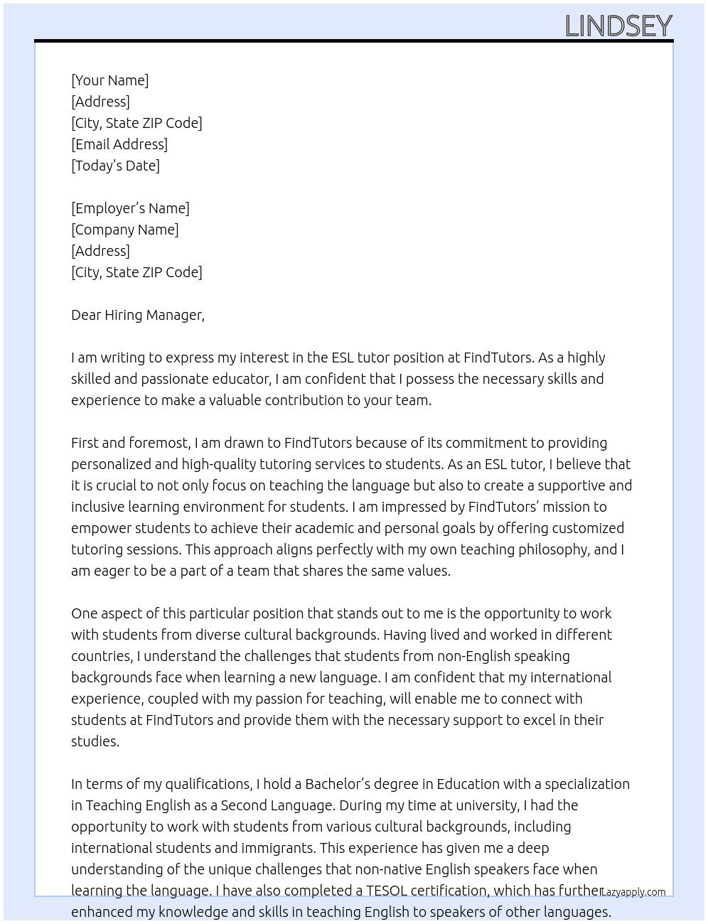 ESL tutor At FindTutors Cover Letter