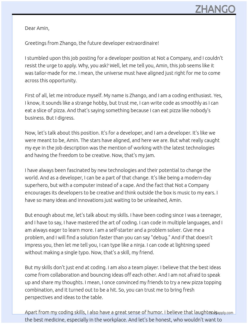 developer At not a company Cover Letter