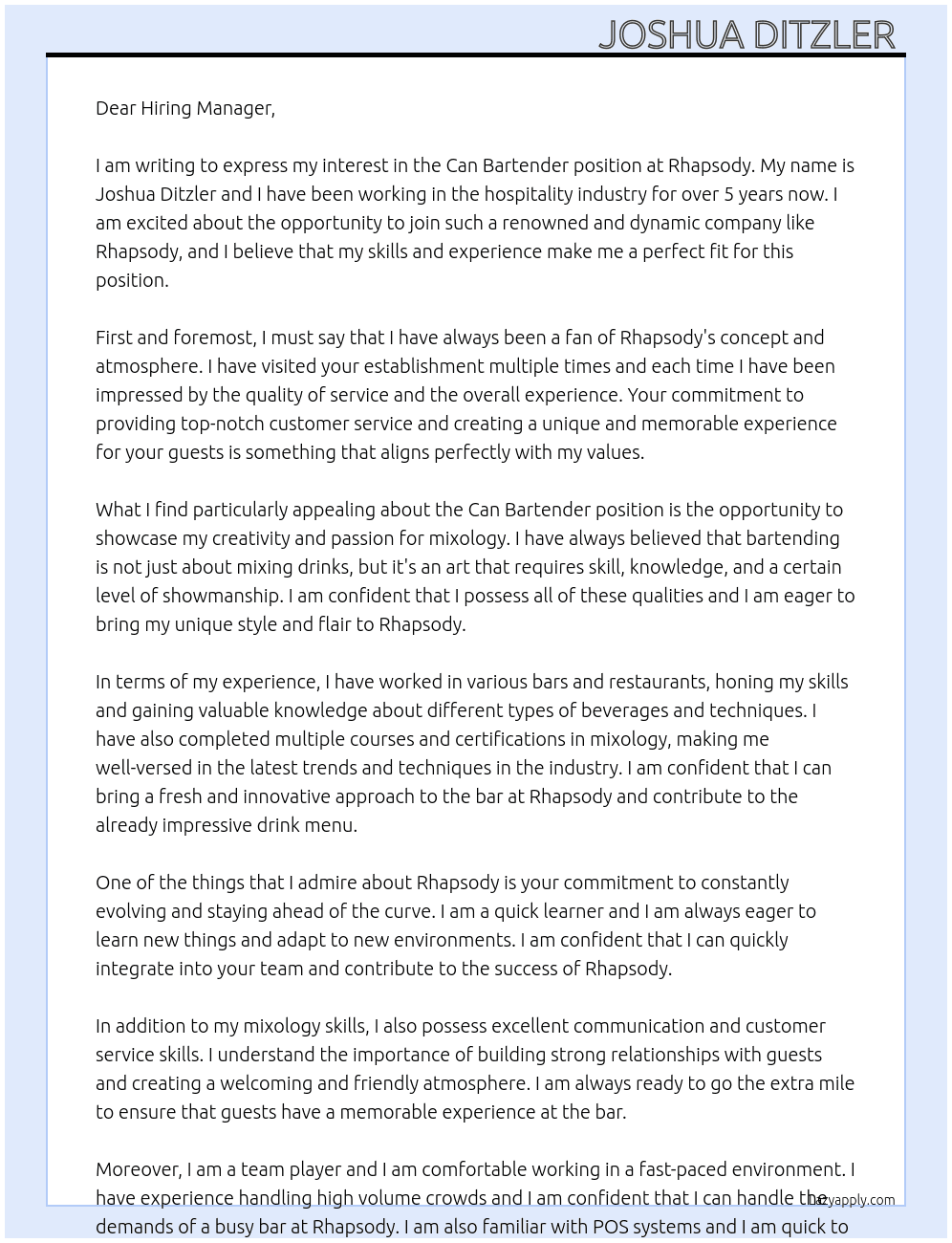 Can Bartender  At Rhapsody Cover Letter